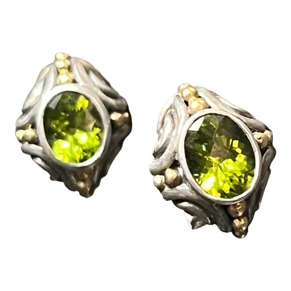BJC Samuel Benham Sterling Silver Sign 14k Gold Oval Peridot Stud Omega Earrings - Picture 1 of 16